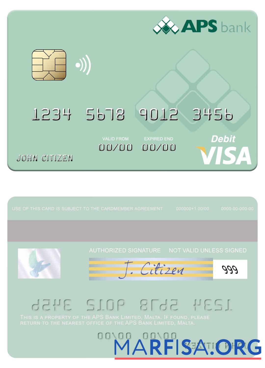 Printable Malta APS Bank Limited visa debit card template